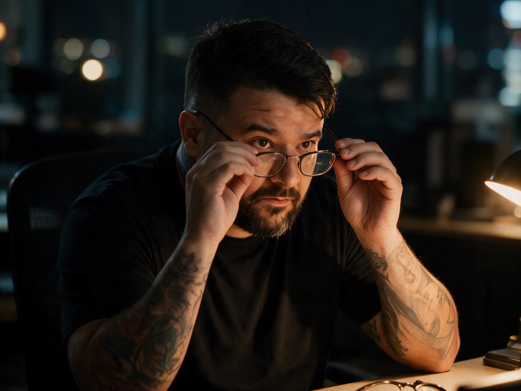 Felipe Jacoto ajustando os óculos no escritório à noite