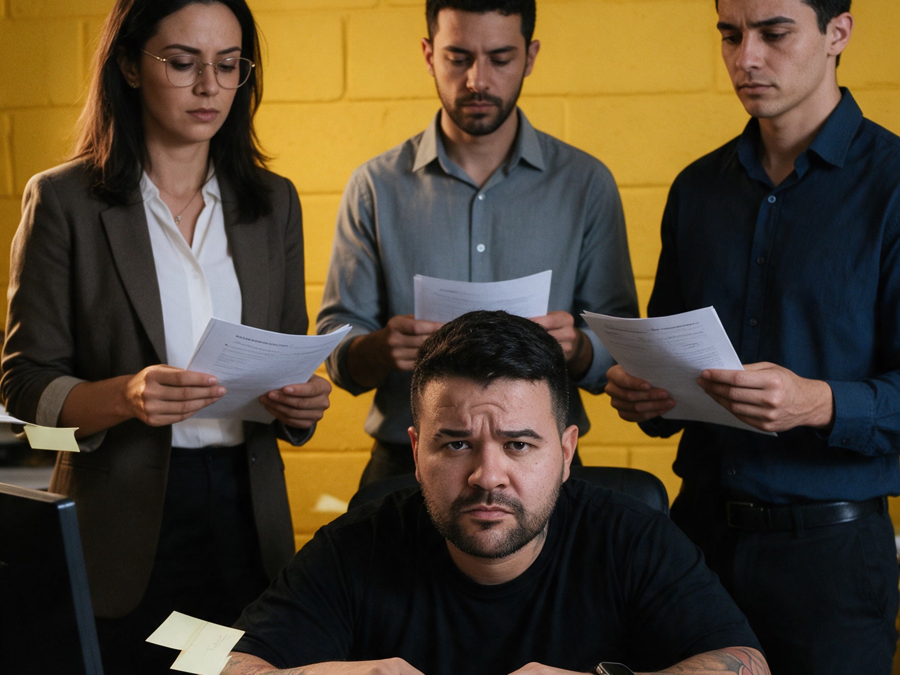 Felipe Jacoto na mesa, cercado de papéis, com o time esperando por ele