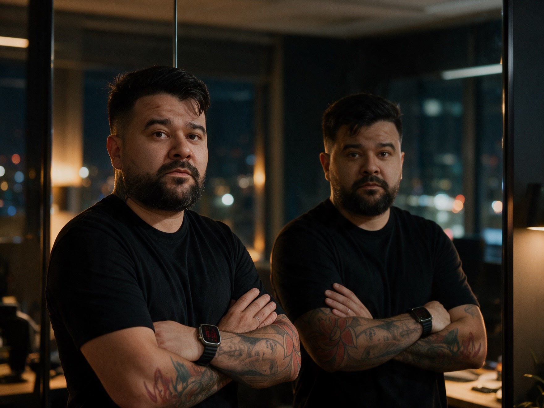 Felipe Jacoto diante do próprio reflexo no vidro