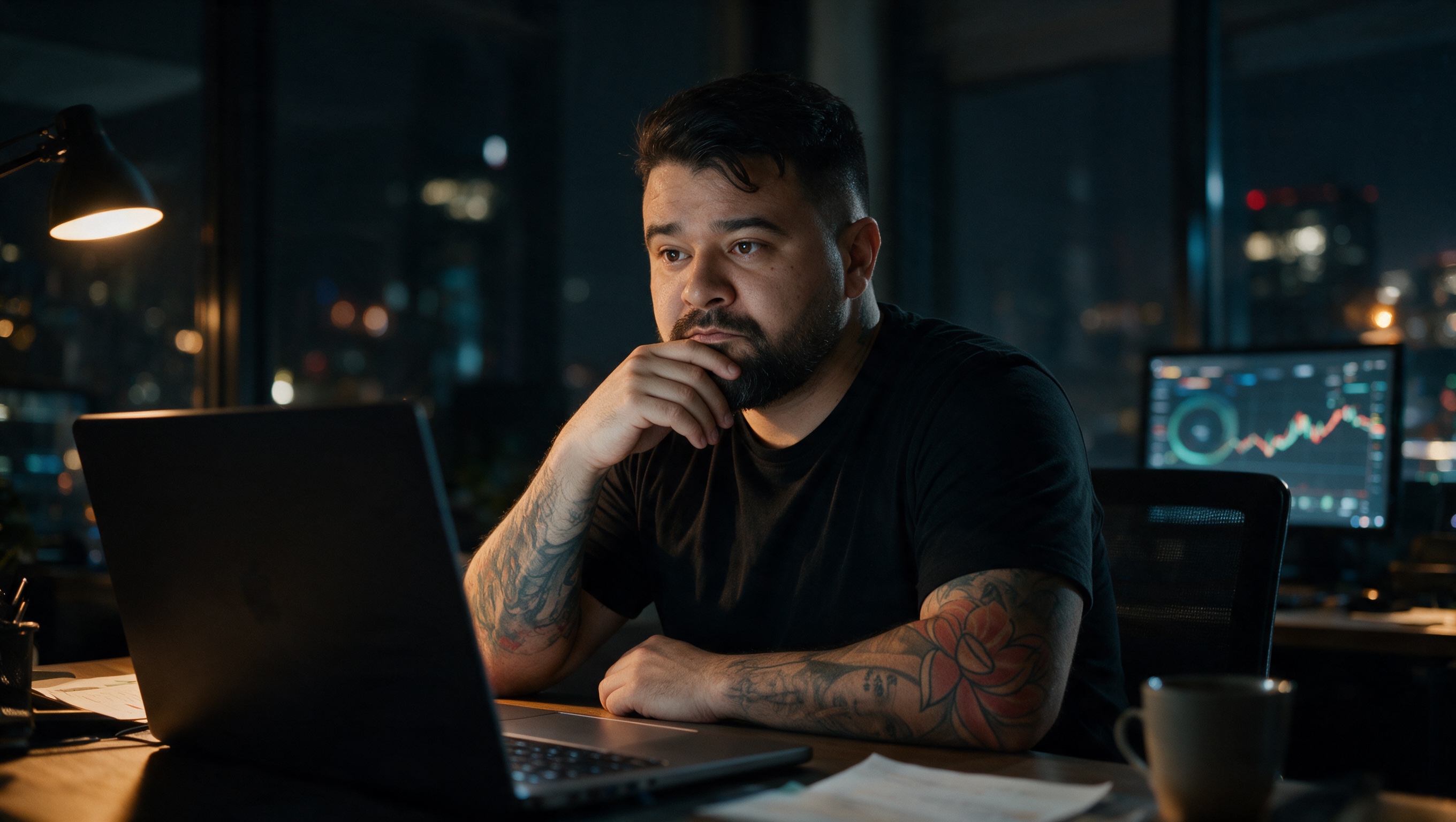 Felipe Jacoto analisando indicadores no notebook à noite